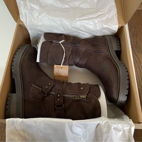 Combat Moto Boots - Faux Suede - Dark Brown - Lug Sole - Side Zipper - NWT - Picture 11 of 13